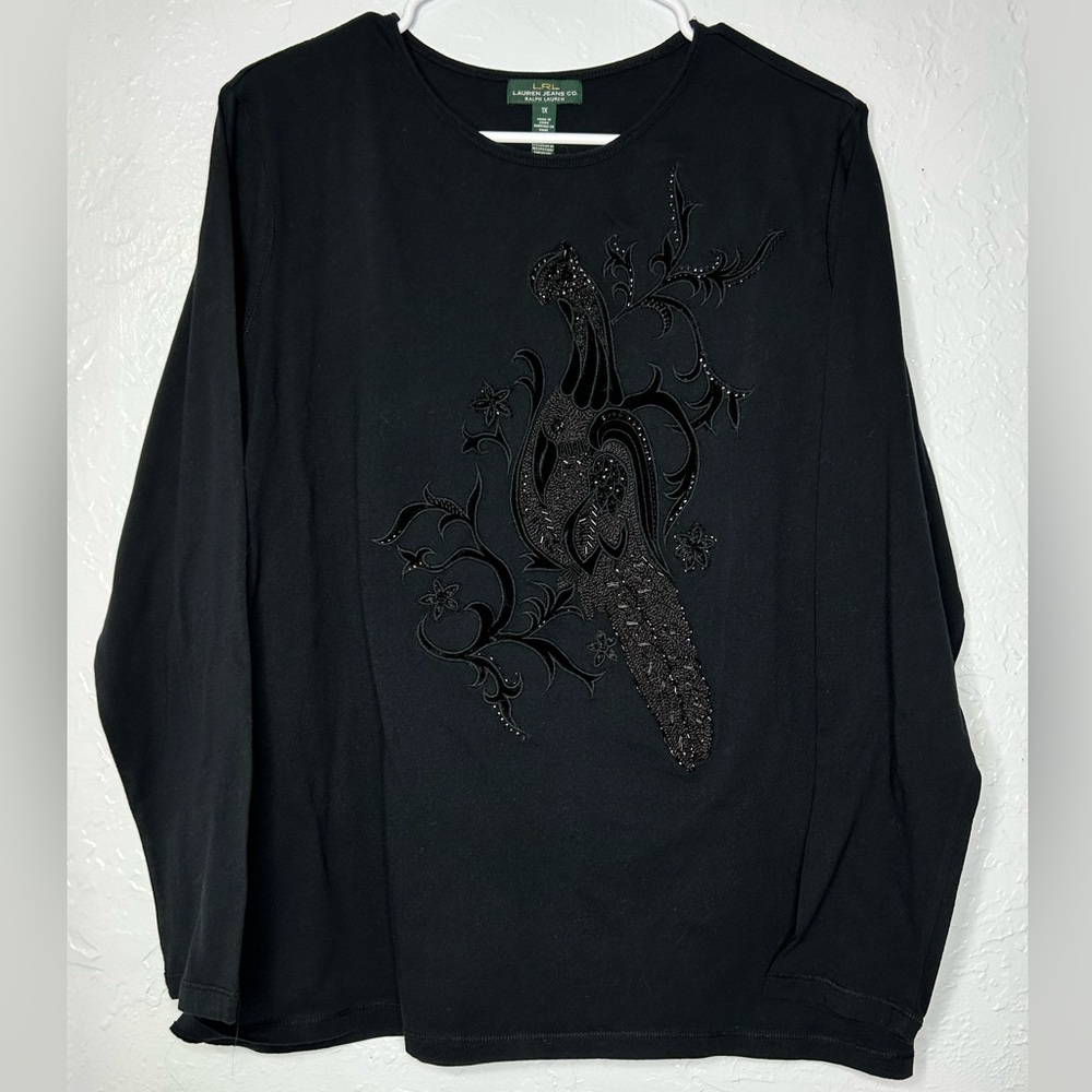 Ralph Lauren Black Long Sleeve Tee with Embroidered Pattern Preppy Comfy Elegant